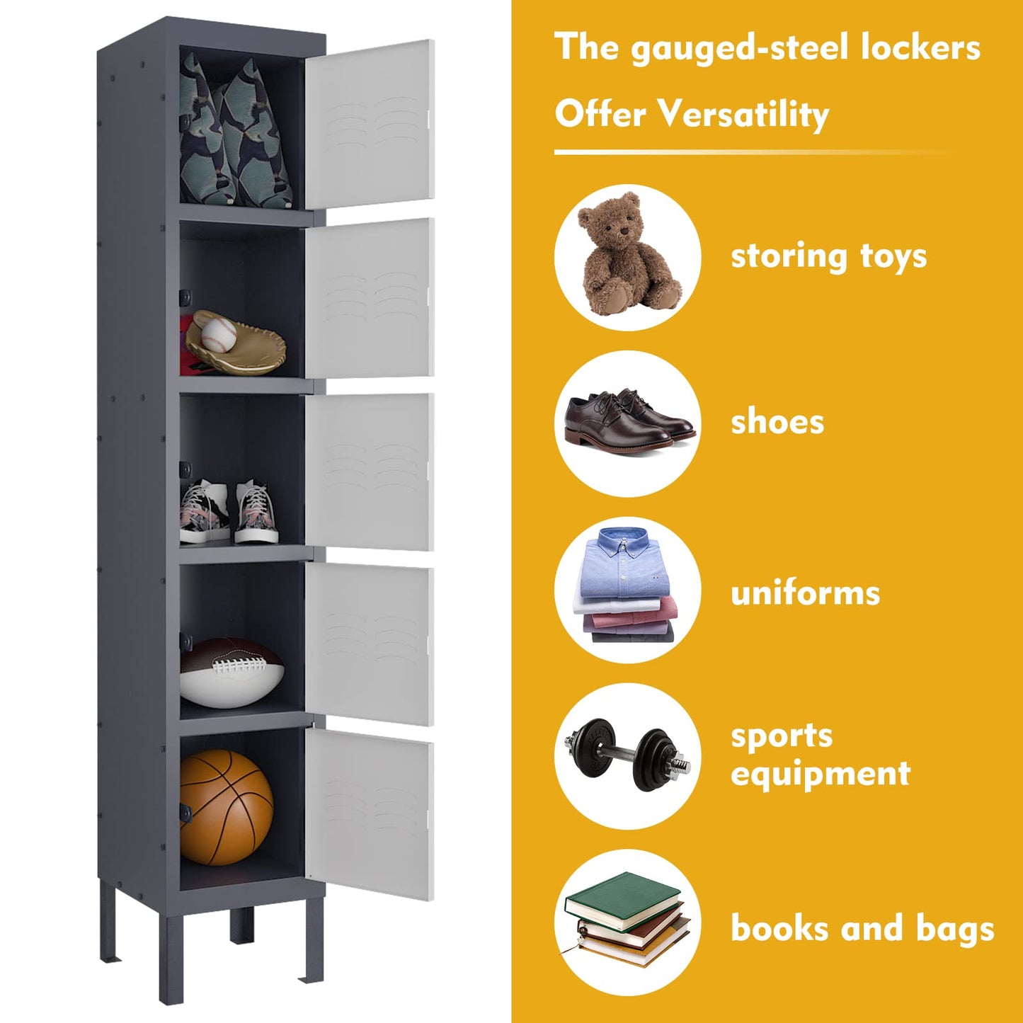 MIIIKO Metal Locker for Employees, 5 Tier Storage Shelves Cabinet, Steel Lockers with 5 Lockable Doors, for School, Home, Office, Changing Room and Gym - WoodArtSupply