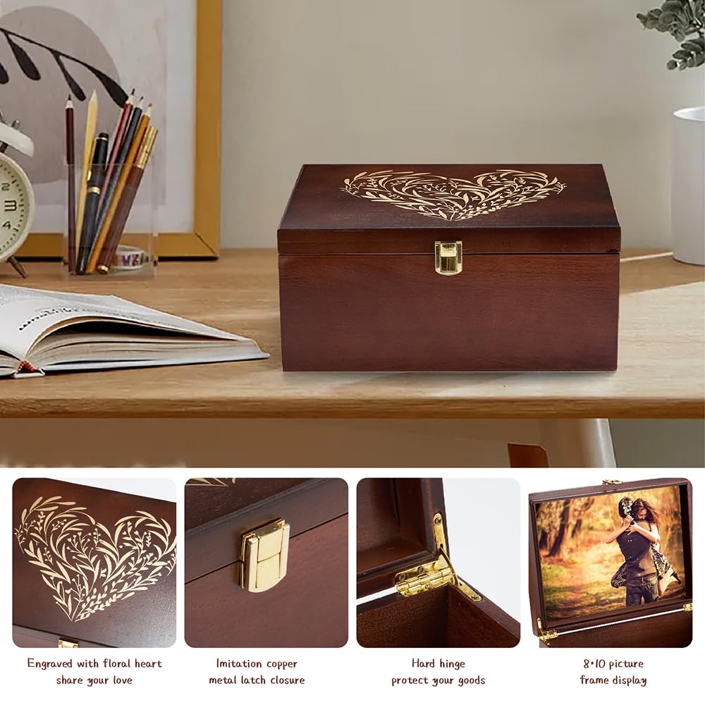 Larger Wooden Memory Keepsake Boxes With Hinged Lids and a photo frame inside the lid - Decorative Storage Box With a Hinge Lids For Picture Letter