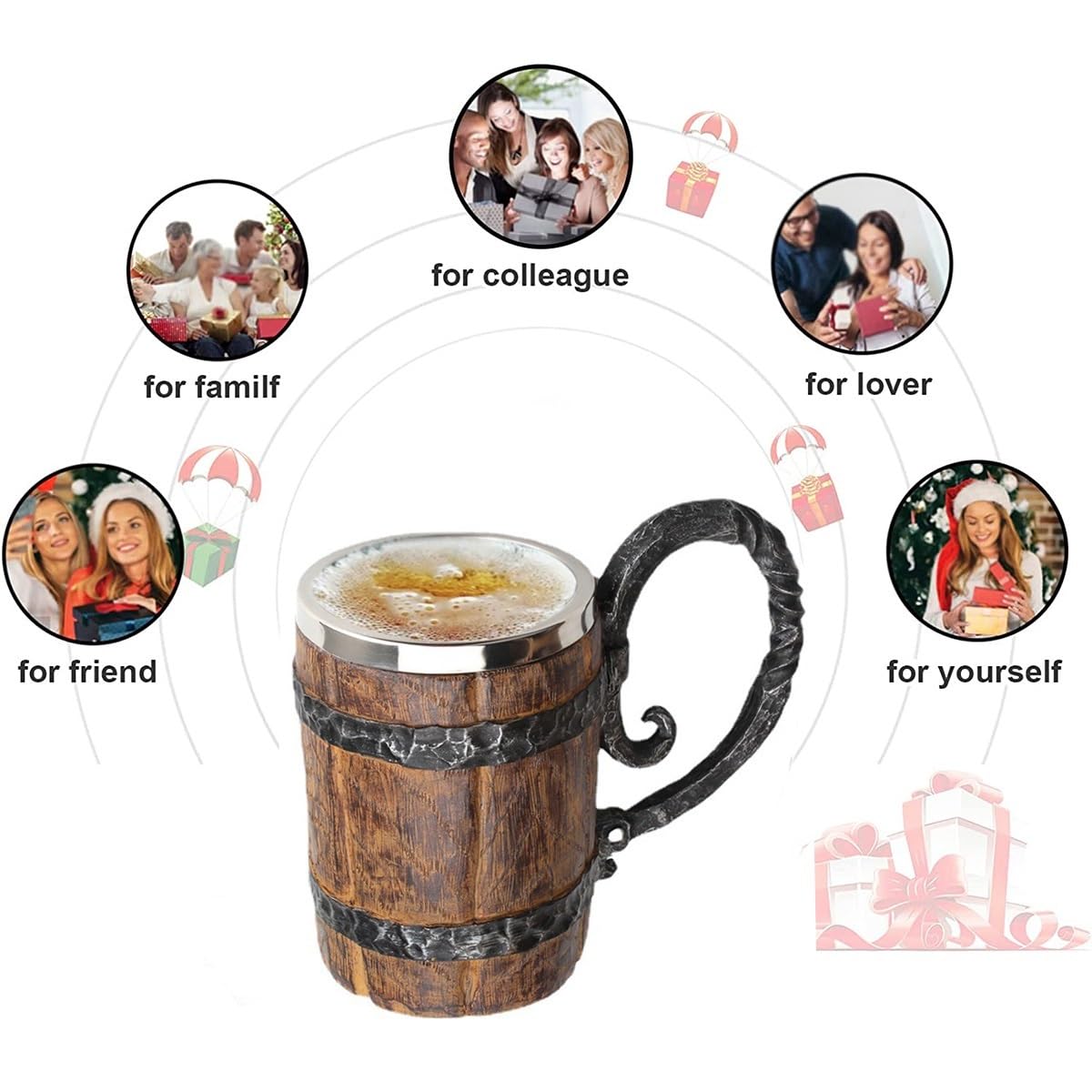 Vintage Handmade Wooden Beer Barrel Mug,Bar Restaurant Mug With Handle,Resin Bucket Mug for Men Coffee Beverage Cocktail,Stainless Steel Liner Beer Stein Tankard Beer Cup Unique Gift Mug - WoodArtSupply