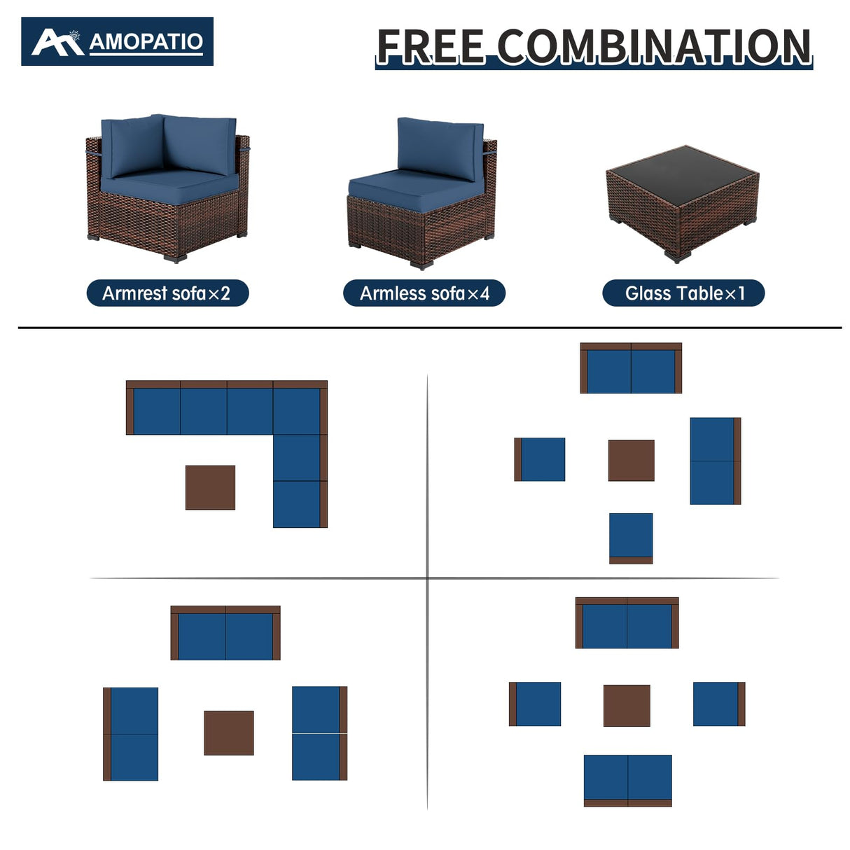 Amopatio Patio Furniture Set 7 Pieces Patio Conversation Set Outdoor Sectional Wicker Rattan Sofa with All-Weather Cover, Patio Furniture with Pillows Fits Porch Garden Backyard Balcony (Navy) Amopatio