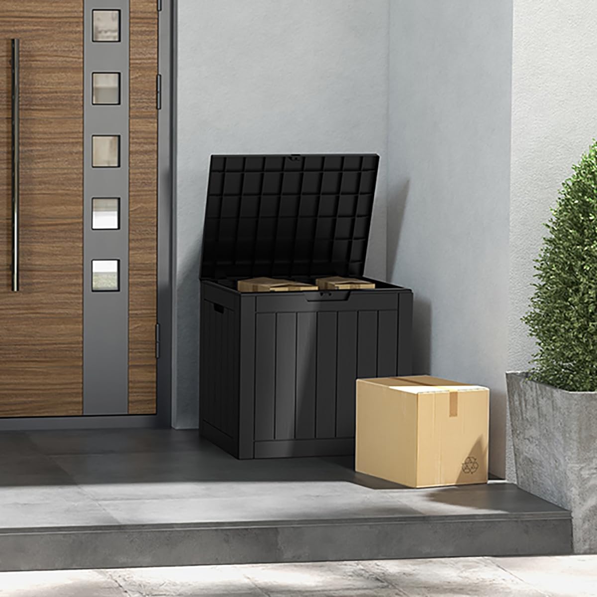 Mars Villa Deck Box, Waterproof Weatherproof and UV Resistant Resin Storage Bin with Lockable Lid, Ideal for, Outdoor, Patio Furniture Cushions, Pool Supplies, Garden Tools (31 Gallon, Black) Mars Villa