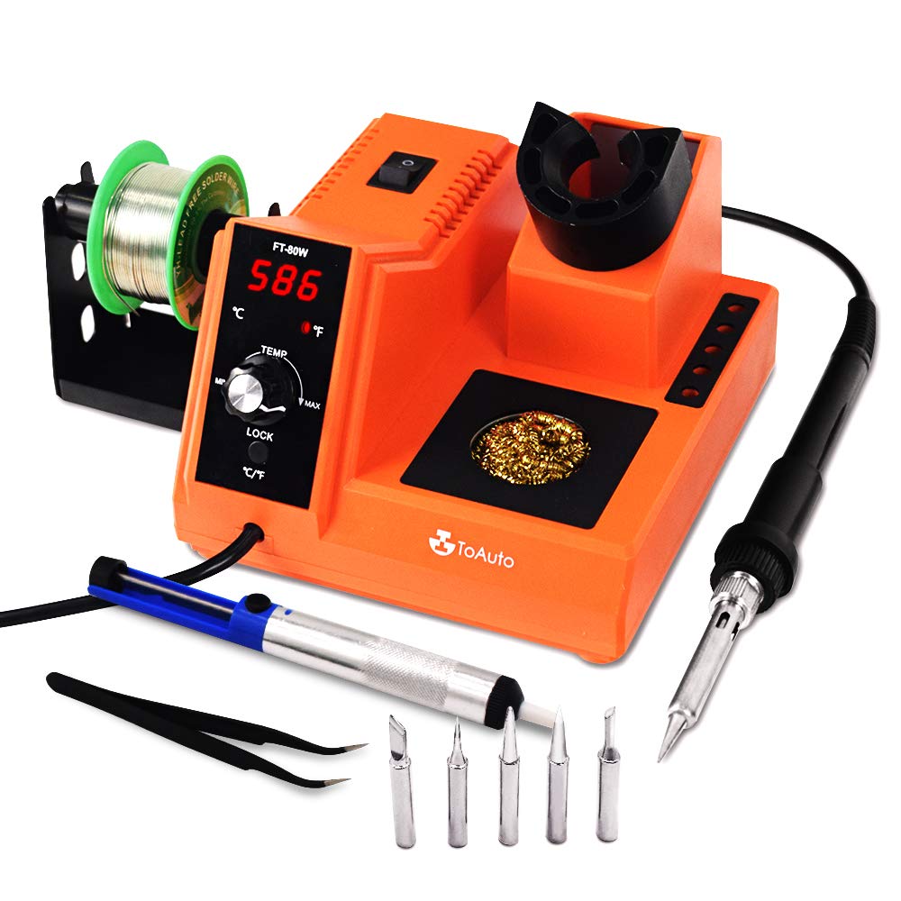 TOAUTO Soldering Station,80W Digital Solder Iron Station Kit with 176°F-896°F Temperature, C/F Func, Auto Standby & Sleep, Temperature Lock,5 Extra Solder Tips, Solder Bracket, Solder Sucker (Orange) TOAUTO
