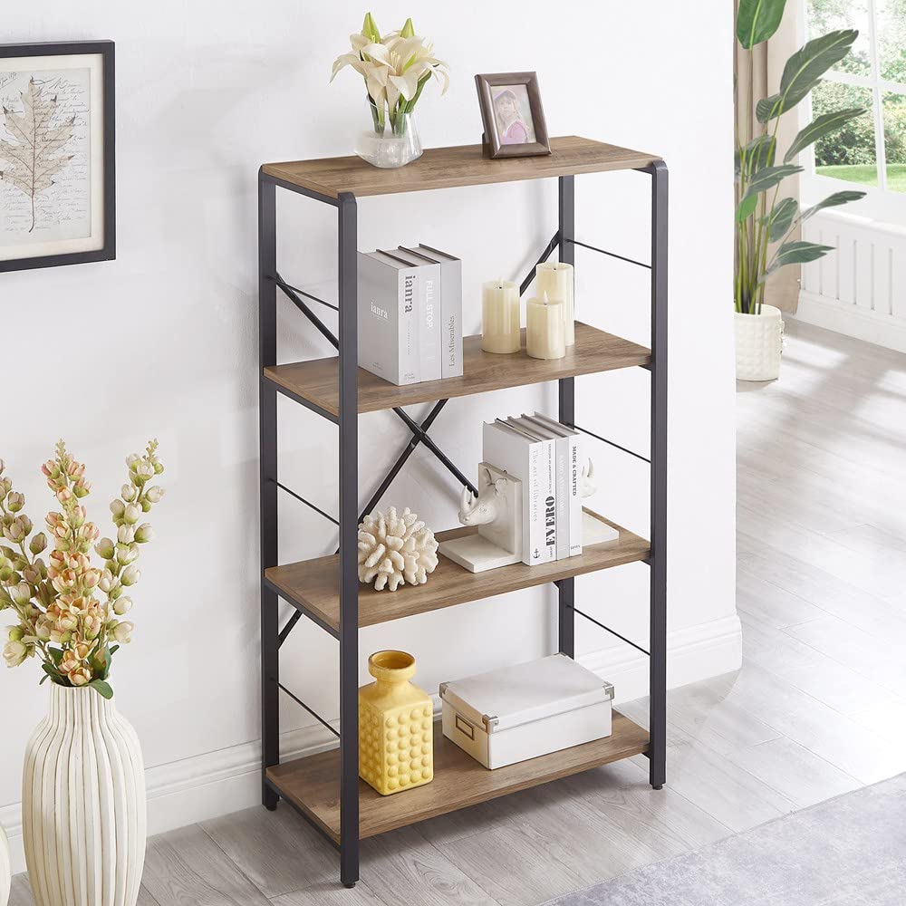 FOLUBAN 4-Tier Rustic Industrial Bookshelf in Oak Finish - WoodArtSupply