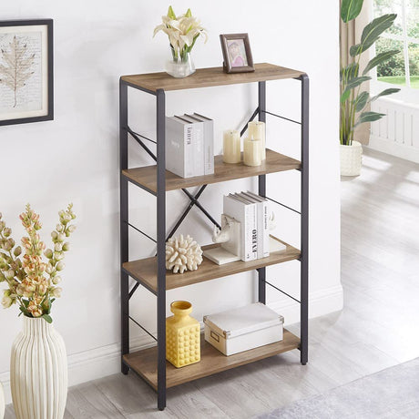 FOLUBAN 4-Tier Rustic Industrial Bookshelf in Oak Finish FOLUBAN