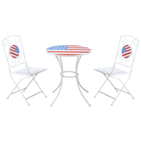 Outsunny 3 Piece Patio Bistro Set, Folding Outdoor Furniture with USA Mosaic Table and Chairs, Portable Metal Frames for 4th of July, Balcony, Backyard, Poolside, Porch, American Flag Outsunny