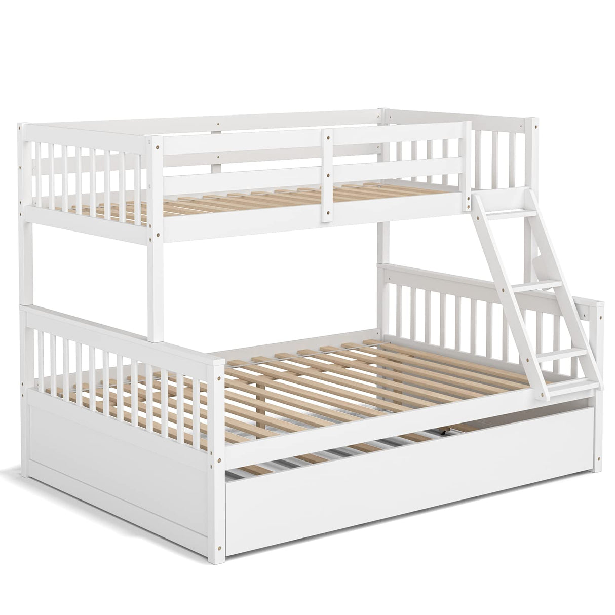 KOMFOTT Solid Pine Wood Twin Over Full Bunk Bed with Trundle and Safety Guardrails KOMFOTT