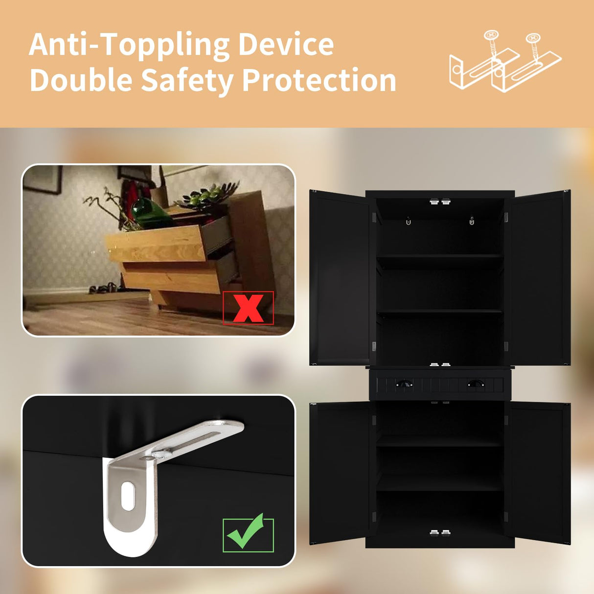 ARTPOWER Kitchen Pantry Storage Cabinet with Drawer and Adjustable Shelves, Pantry Cabinet for Kitchen, Bathroom or Hallway, Black ARTPOWER