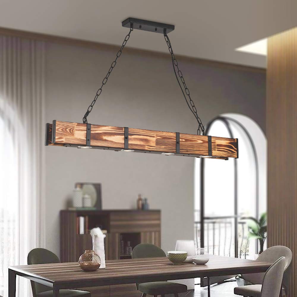 Maxax 4 Lights Kitchen Island Lighting, Led 4000K Farmhouse Linear Chandelier for Dining Room Pool Table Pendant Light Fixture, Rustic Wood Grain Finish, 39.3'' Industrial Pendant Light, Bulb Include Maxax