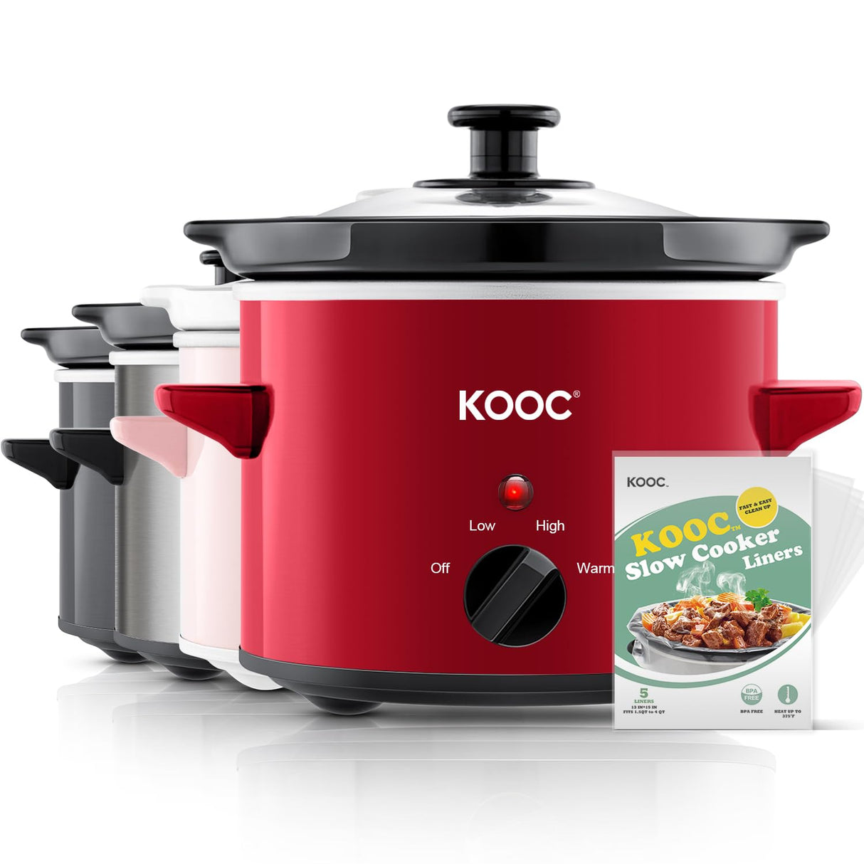 KOOC Small Slow Cooker, 2 Quart, Free Liners Included for Easy Clean-up, Upgraded Ceramic Pot, Adjustable Temp, Nutrient Loss Reduction, Stainless Steel, Red, Round KOOC