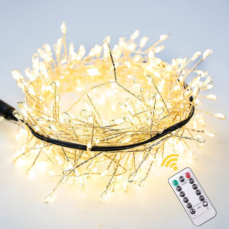 RESNICE 50FT Firecracker String Lights 500 LEDs Warm White Plug in Indoor Silver Wire LED Cluster Fairy Lights with Remote for Christmas Tree,Plant,Bedroom,Garden,Patio,Backyard RESNICE