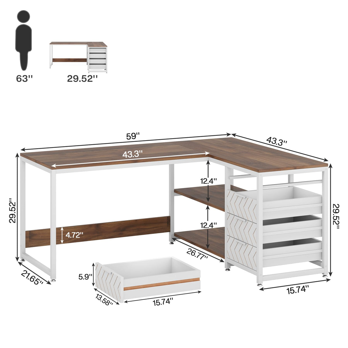 Tribesigns L Shaped Computer Desk with Storage Drawers, 59 inch Corner Desk with Shelves, Reversible L-Shaped Office Desk Study Writing Table Workstation for Home Office, Walnut & White Tribesigns