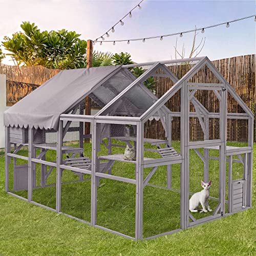 Large Cat Run Wooedn Cat Houses Outdoor Enclosure, Catio Cat Cage Kitten Condo-Backyard Run Cage for Pets, Weather Proof Cover- 110" L - WoodArtSupply