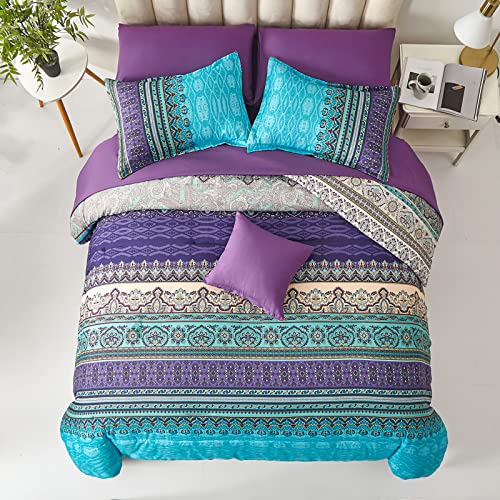 Cottolester Boho Comforter Set Queen Size 8 Piece Bed in a Bag Bohemian Striped Bedding Quilt Set Aqua Paisley Floral Comforter and Sheet Set,Soft Microfiber Complete Bedding Sets for All Season Cottolester