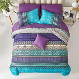 Cottolester Boho Comforter Set Queen Size 8 Piece Bed in a Bag Bohemian Striped Bedding Quilt Set Aqua Paisley Floral Comforter and Sheet Set,Soft Microfiber Complete Bedding Sets for All Season Cottolester
