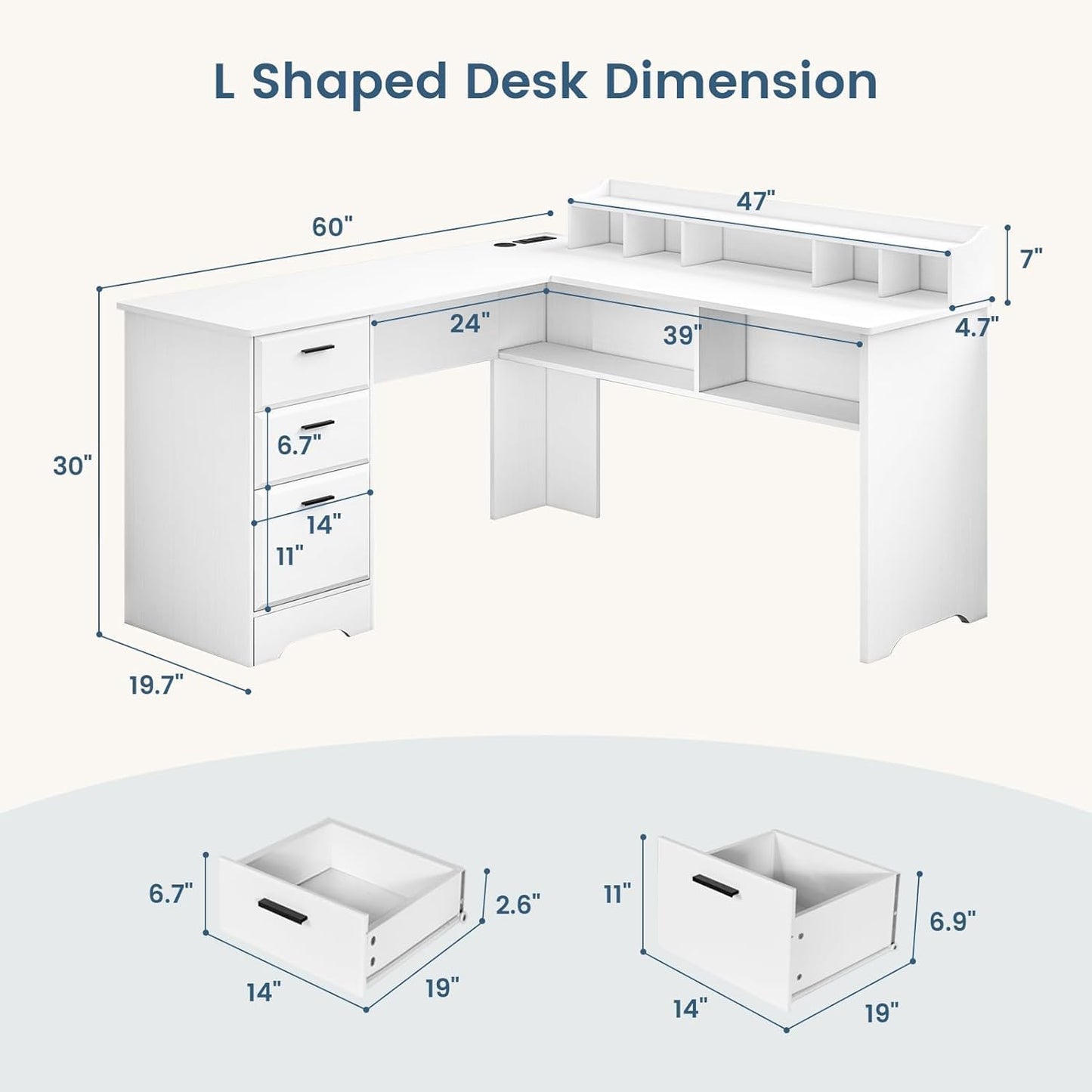 White L Shaped Desk with 3 Drawers, 60 inch White Executive Desk with Drawers and Power Outlet, White L Shaped Desk with File Cabinet, Corner Computer Desk with Moveable Hutch for Bedroom