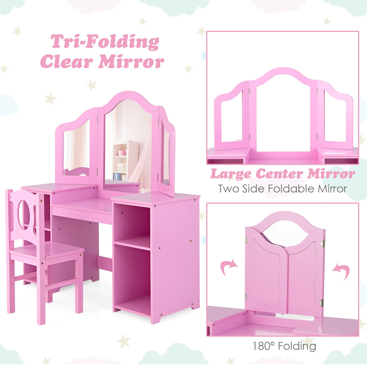 INFANS Kids Vanity, 2 in 1 Princess Makeup Desk & Chair Set with Tri-Folding Detachable Mirror, Large Storage Shelves, Wooden Pretend Play Dressing INFANS