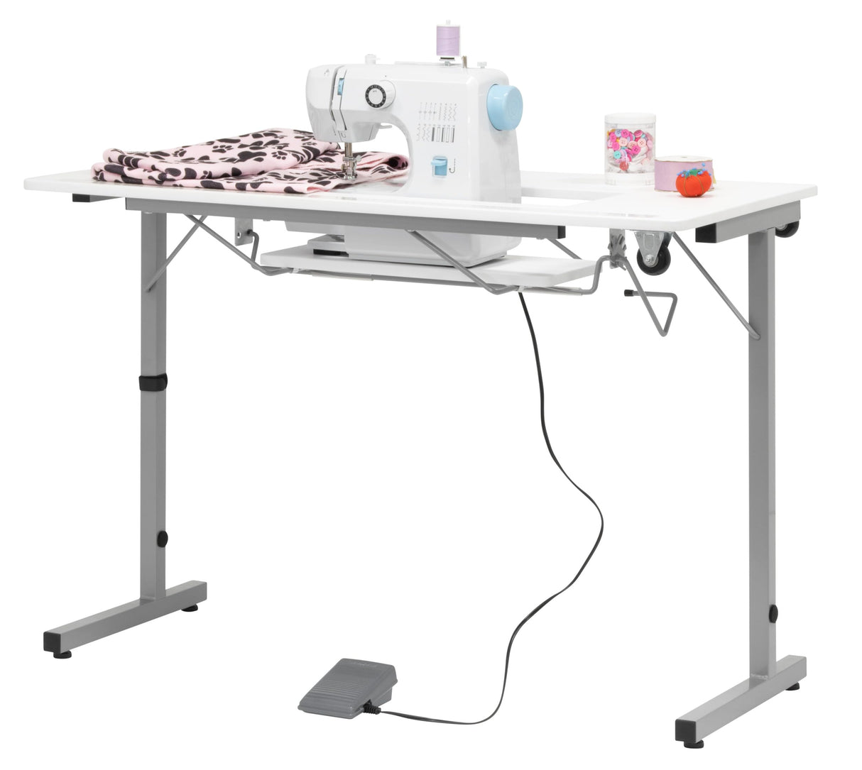 Rollaway II Compact Portable Folding Sewing Table, Silver/White Sew Ready