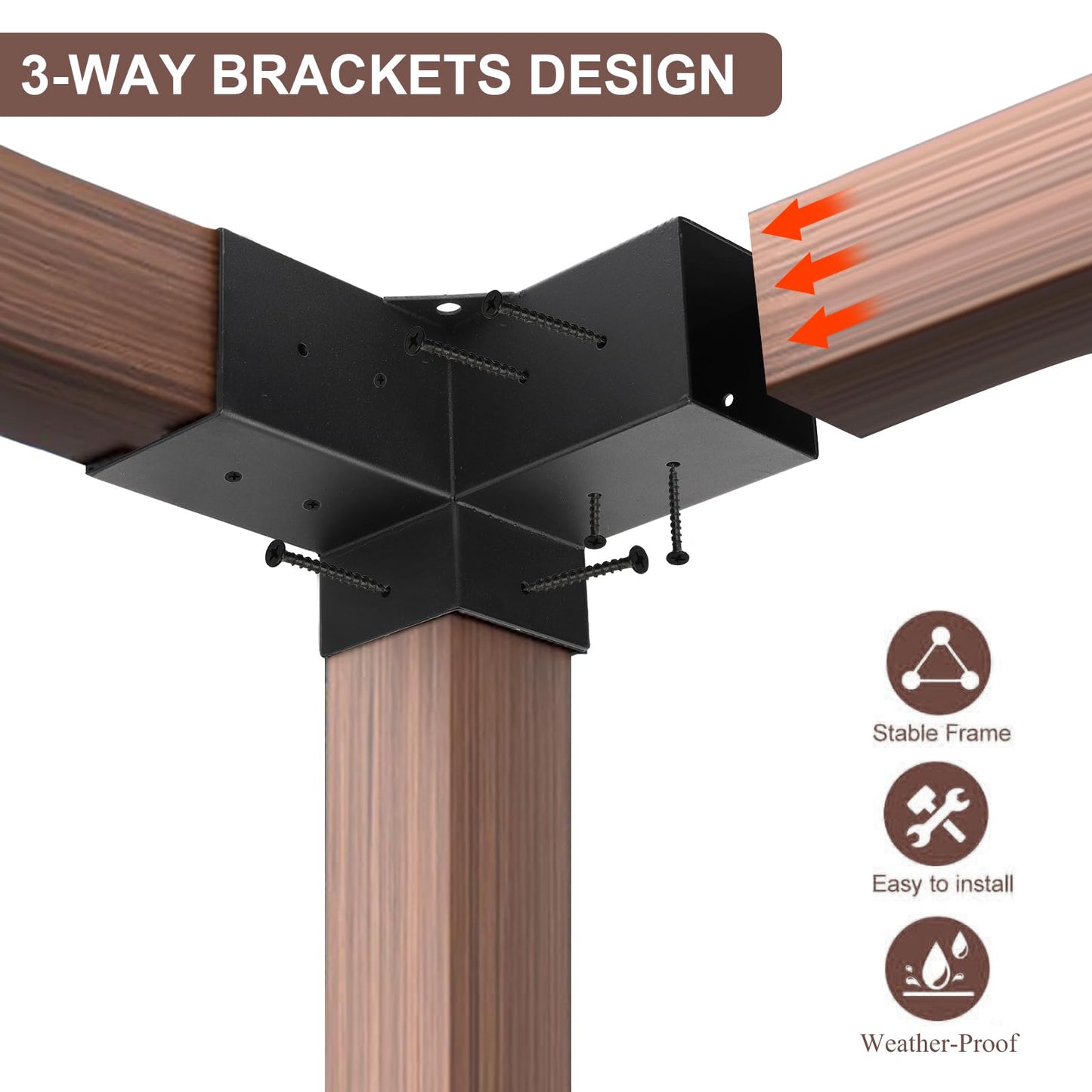 Yesland 8 Pcs Pergola Brackets Kit, 4 x 4 Inch 3-Way Right Angle Corner Bracket Post Bracket Elevated Wood Stand Kit with Black Coating Inner Size 3.6 X 3.6 Inch for Lumber, Gazebos, Patio Pe - WoodArtSupply