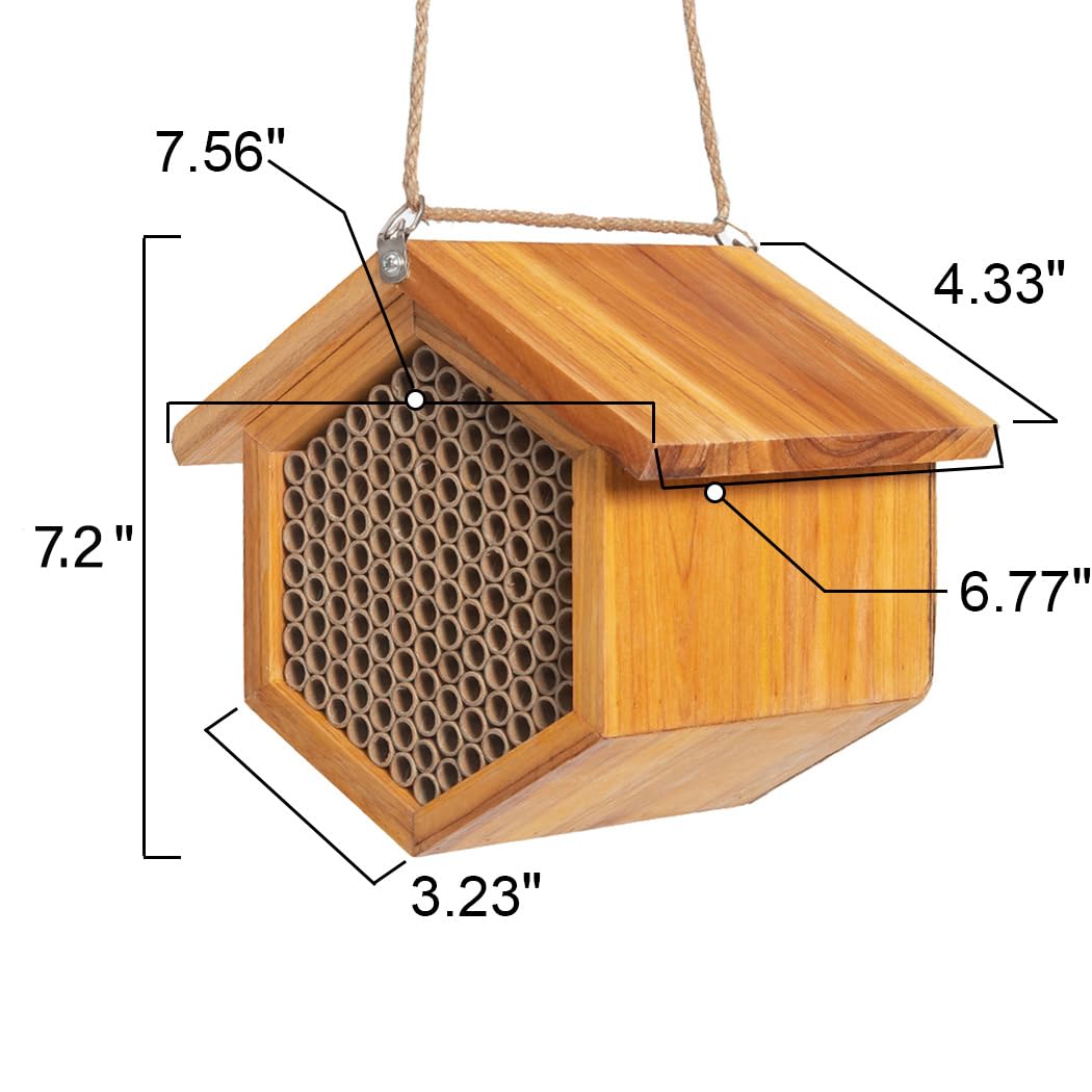 Mason Bee House Wax Coated Bee House，Carpenter Bee Hotel for The Garden,Pollinator House Waterproof, Natural Handmade Wooden Mason Bee Hotel for Pollinating Bees Garden Supplies,Attracts Peaceful Bee POLLIBEE