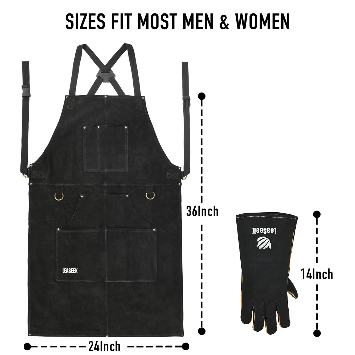 Leather Work Apron with Gloves - 6 Tool Pockets for Men& Women - Welding Apron - Ideal for Woodworking, Blacksmithing, Gardeners, Mechanics, BBQ - Adjustable M to XXXL LeaSeek