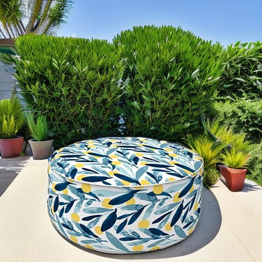 LVTXIII Outdoor/Indoor Inflatable Stool Ottoman, All Weather Patio Footrest Pouf, Portable Round Ottoman for Patio Garden, Camping or Home, D21xH9 Inches, Blue Leaves LVTXIII