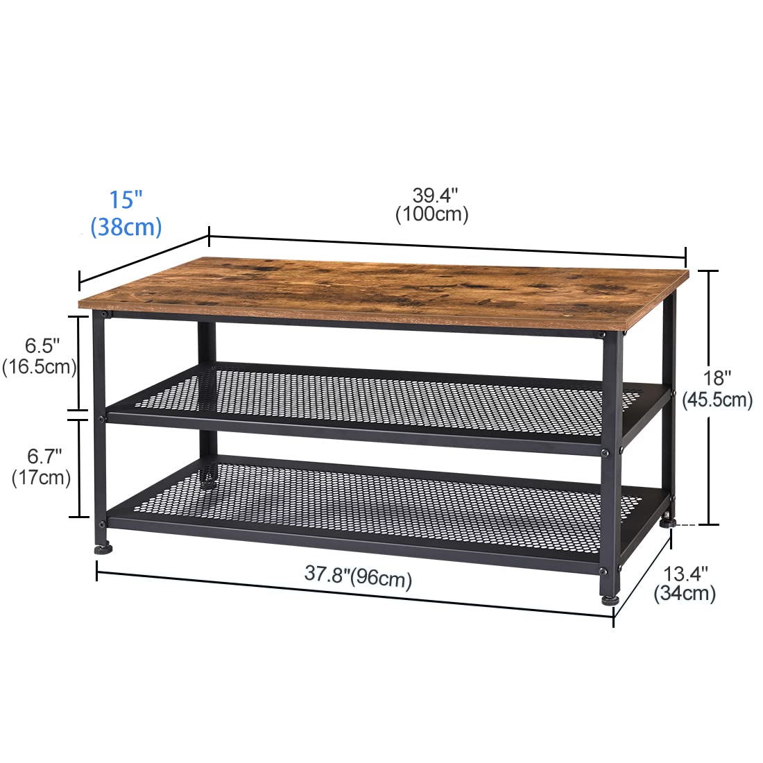 RokiaTek Shoe Bench 3-Tier Shoe Rack 39.4" for Entryway, Storage Organizer Entry Bench with Mesh Shelves Wood Seat for Hallway, Living Room, Steel Frame, Rustic Brown and Black RokiaTek
