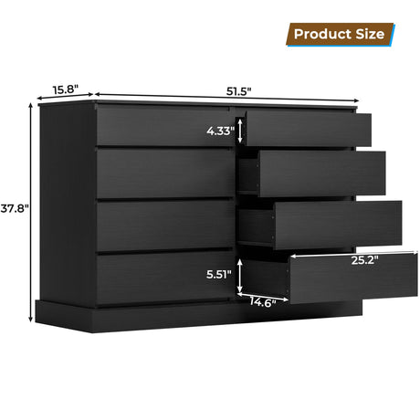 Hasuit Black Dresser for Bedroom, Long Dresser with 8 Drawers, 51.5''W Wooden Dresser Chest of 8 Drawers, Large Capacity Clothing Storage Cabinet, Wide Dresser for Bedroom Living Room Entryway Hasuit