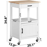 HomGarden Kitchen Island on Swivel Wheels with Drawer, Rolling Kitchen Cart Storage Cabinet with 3 Side Hooks for Dining Room, White HomGarden