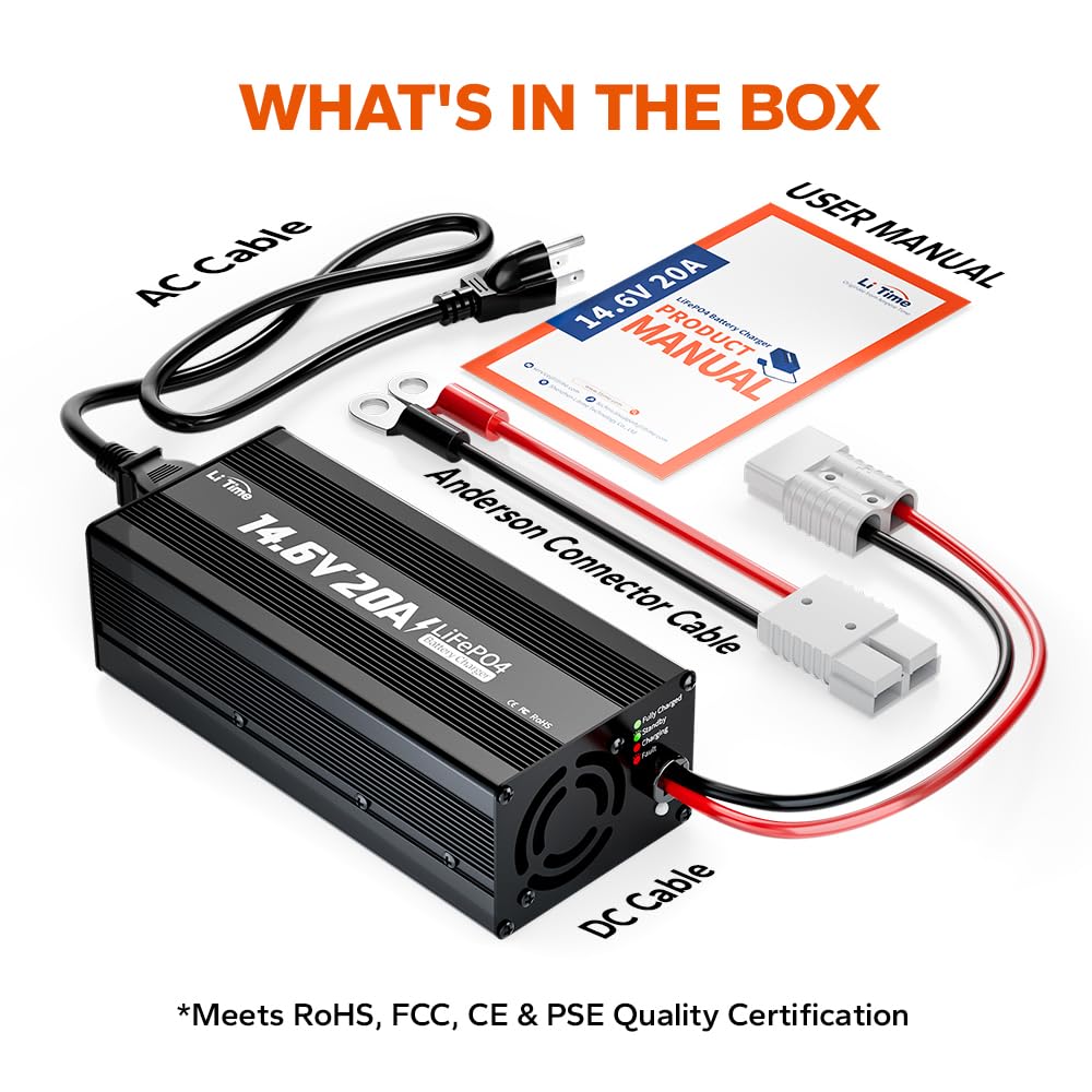 LiTime 12V 20A Lithium Battery Charger 14.6V LiFePO4 Battery Charger AC-DC Smart Charger with Anderson Connector LED Indicator Special for Lithium LiFePO4 Deep Cycle Rechargeable Batteries of - WoodArtSupply