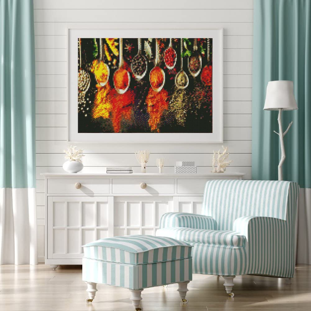 DIY 5D Full Drill Grains Spices Spoon Peppers Kitchen Square Diamond Art Painting by Number Kits for Adults & Crystal Cross Stitch for Home Kitchen Wall Decoration Gift 40x30CM/16x12IN WoodArtSupply