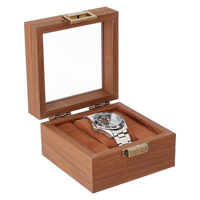 AHANDMAKER Single Watch Display Stand with Clear Glass Window Wood Watch Gift Box Watch Holder Jewelry Collection Jewelry Holder, Coconut Brown