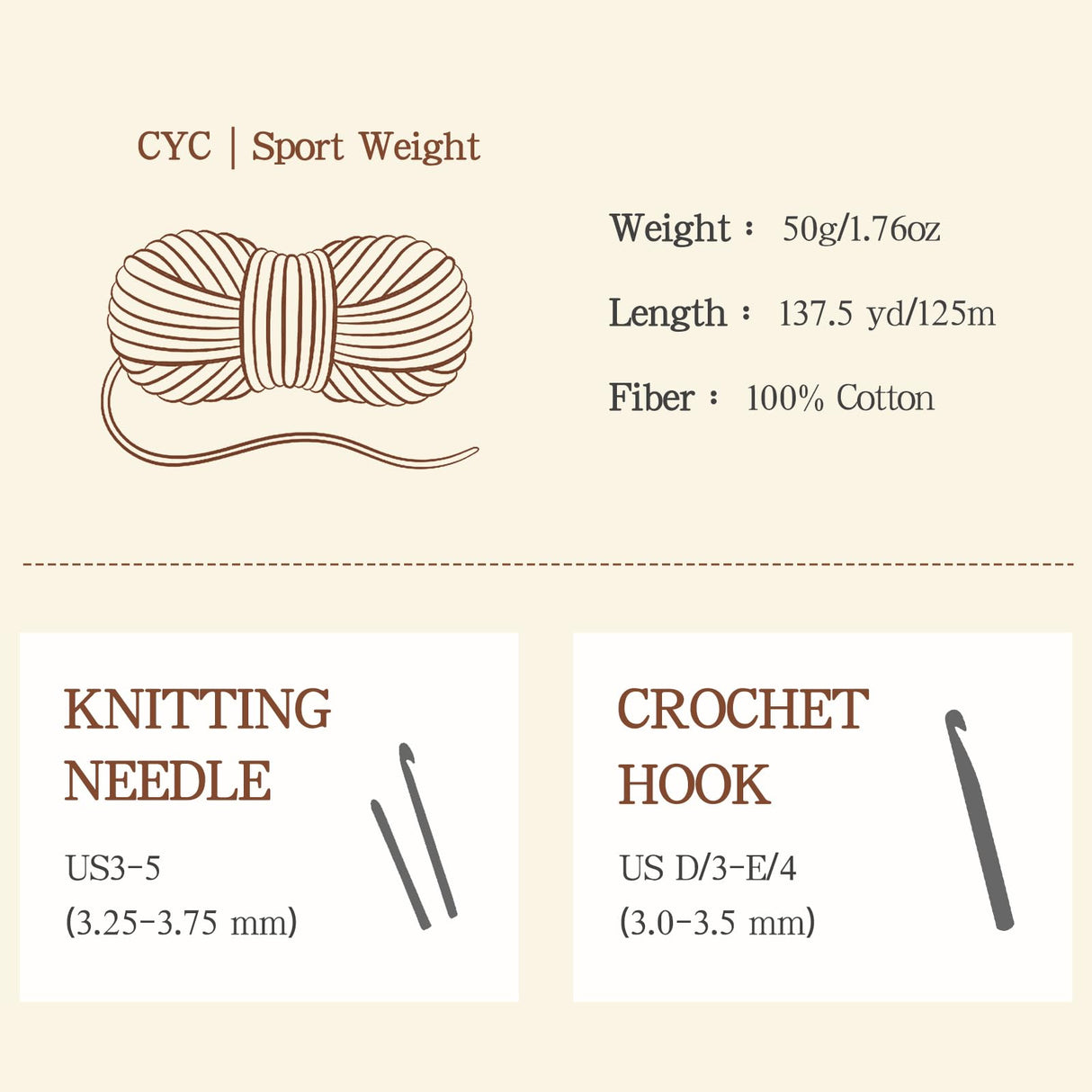 Katech Pure Cotton Yarn for Crocheting & Knitting – Soft Sport Weight CYC #2, 6 Skeins (50g Each, 300g Total), Ideal Crochet Yarn for Dishcloths, Baby Clothes, Socks, Lightweight Scarves（Beige） Katech