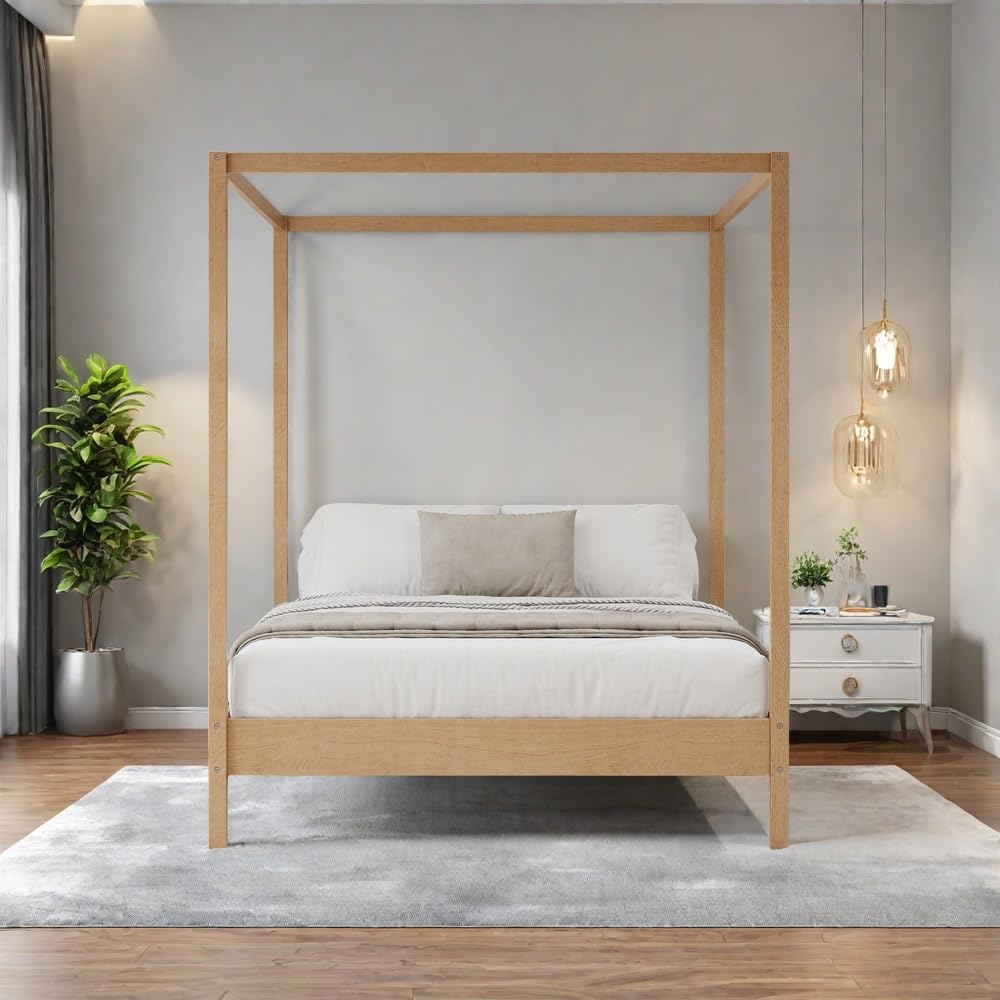 SOFTSEA Queen Size Canopy Bed with Wood Slat Support and Storage, Modern 4 Poster Panel Bed Frame, Natural SOFTSEA
