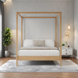SOFTSEA Queen Size Canopy Bed with Wood Slat Support and Storage, Modern 4 Poster Panel Bed Frame, Natural SOFTSEA
