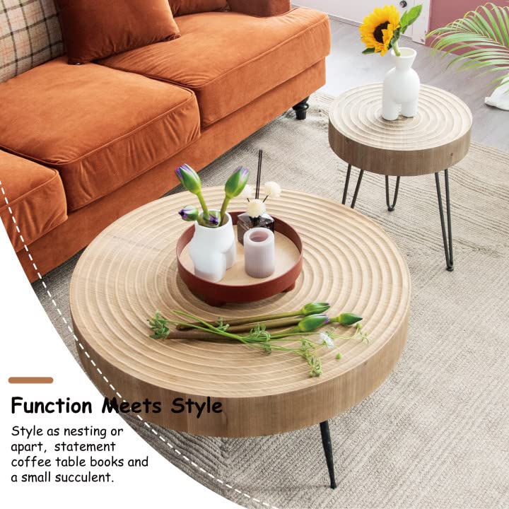 COZAYH 2-Piece Modern Farmhouse Living Room Coffee Table Set, Nesting Table Round Natural Finish with Handcrafted Wood Ring Motif, Wood Colour - WoodArtSupply