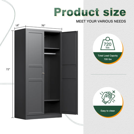Letaya Wardrobe Armoire Closet,72" H Metal Storage Cabinet with Adjustable Shelves and Hanging Rod,Bedroom Armoire Cabinet Clothes Organizer (Black) Letaya