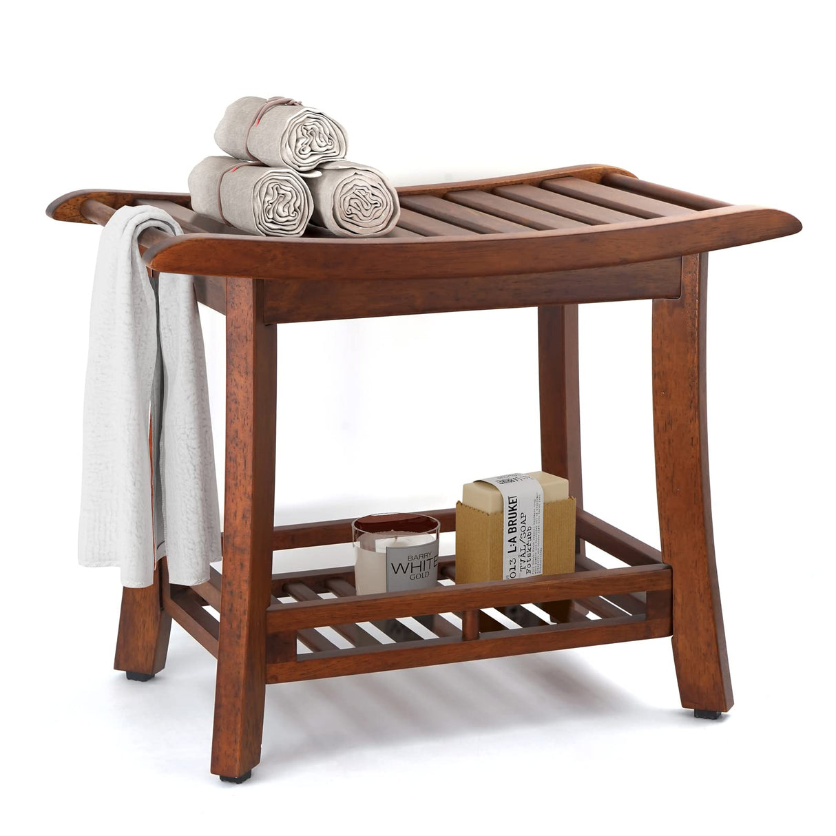 RANDEFURN 24“ Teak Shower Bench with Shelf,Teak Wood Shower Stool,Waterproof Wood Shower Chair for Elderly,2-Tier Wooden Shower Seat Spa Stool for Indoor and Outdoor Use.(24 x 13.4 x 18.3in, Brown) RANDEFURN
