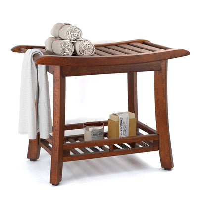 RANDEFURN 24“ Teak Shower Bench with Shelf,Teak Wood Shower Stool,Waterproof Wood Shower Chair for Elderly,2-Tier Wooden Shower Seat Spa Stool for Indoor and Outdoor Use.(24 x 13.4 x 18.3in, Brown)