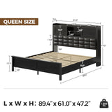 Rolanstar Bed Frame Queen Size with Charging Station, Bookcase Headboard Bed with LED Light and Sliding Doors, Platform Bed with Wooden Slats, No Box Spring Needed, Noise Free, Black Rolanstar