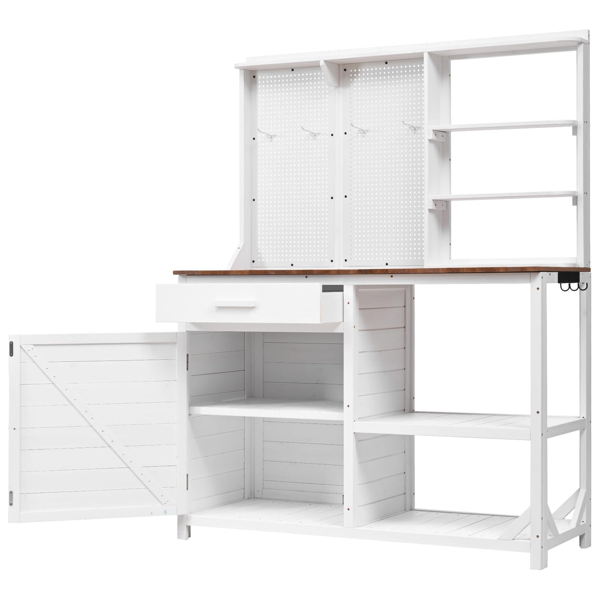 Fir Wood Potting Bench with Hutch - Outdoor Garden Workstation with 4 Shelves, Drawer & Adjustable Storage, 50.2" Countertop, & Pegboard (White + Wood + Rustic) Oevsld
