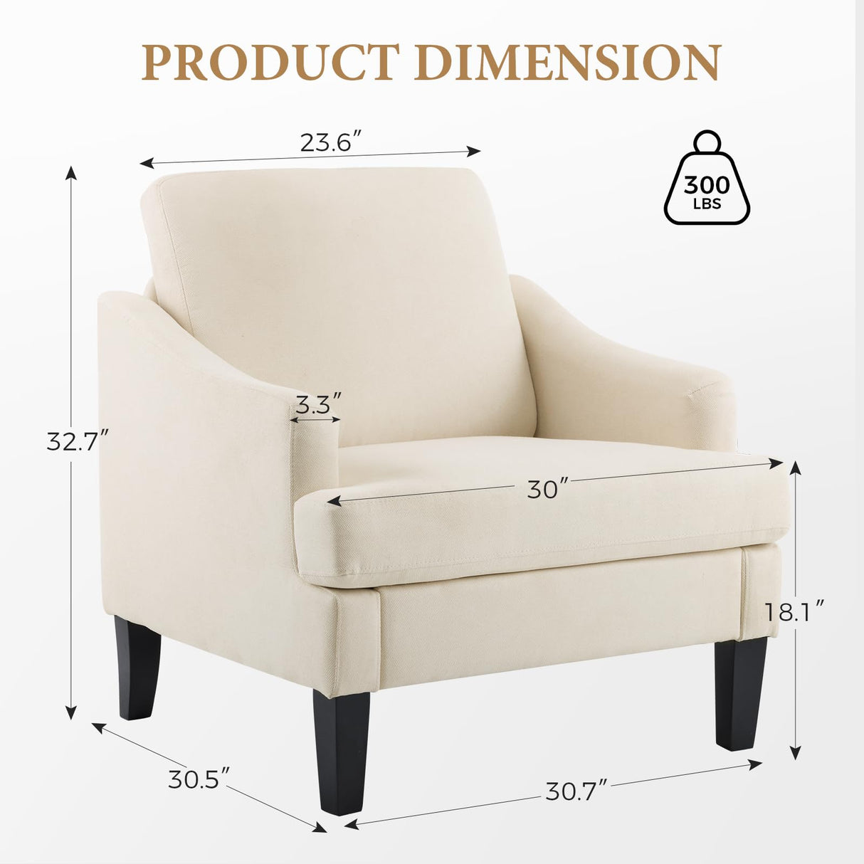 Bezseller Modern Accent Chair, Upholstered Reading Armchair with Wood Legs, Mid-Century Leisure Comfy Single Sofa Chair for Living Room, Bedroom, Home, Office, Beige Bezseller