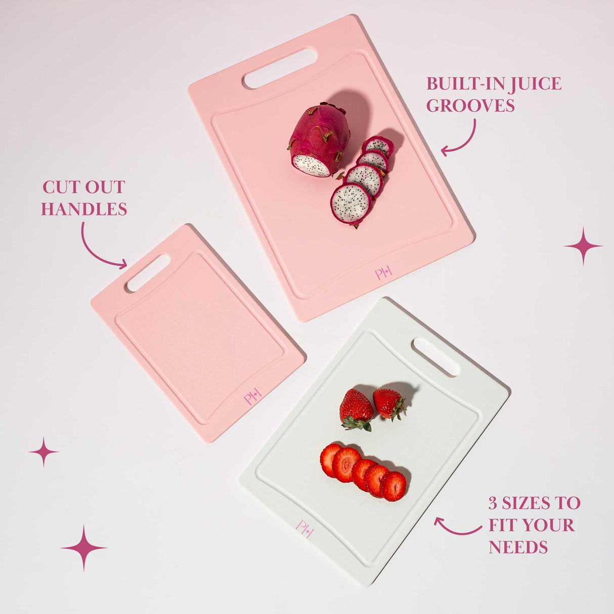 Paris Hilton Cutting Boards, Dual-Sided Cutting Board Set with Built-in Juice Grooves, Easy-Grip Handles, Heavy-Duty Plastic Made without BPA, Dishwasher Safe, 3-Piece Set, Pink and Cream Paris Hilton