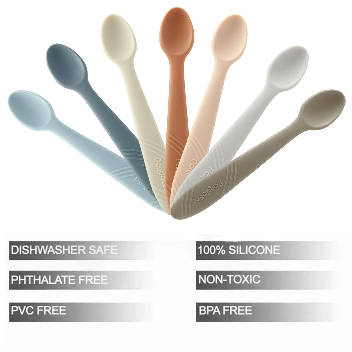 PandaEar 7 Pack Silicone Baby Feeding Spoons, First Stage Training Spoon Infant Utensils Feeding Supplies, BPA Free Gum-Friendly Soft Tip Baby Led Weaning Spoon PandaEar