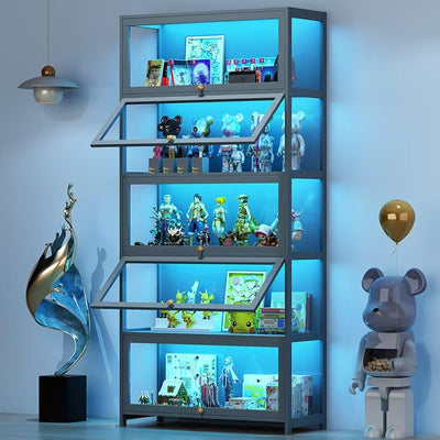 Display Cabinet with Glass Doors, 5-Tier Curio Cabinet with 4 Adjustable Shelves for Collectibles Toy Organizers Rack & Display Shelf, Kids Bookcase for Bedroom, Reading Nook, Living Room (grey)