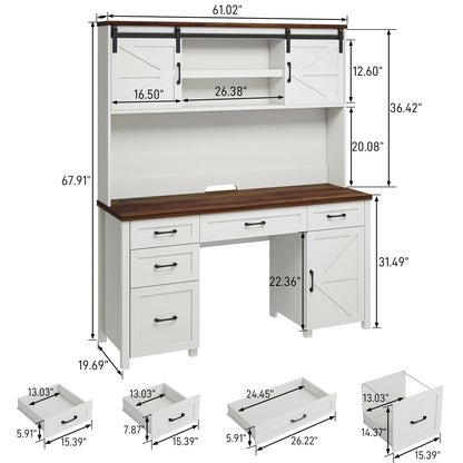 Farmhouse 67" H Executive Desk with Hutch,Office Desk with 5 Drawers, Computer Desk with Storage Cabinet & File Drawers and Charging Station, Wood Workstation for Home Office and Study - WoodArtSupply