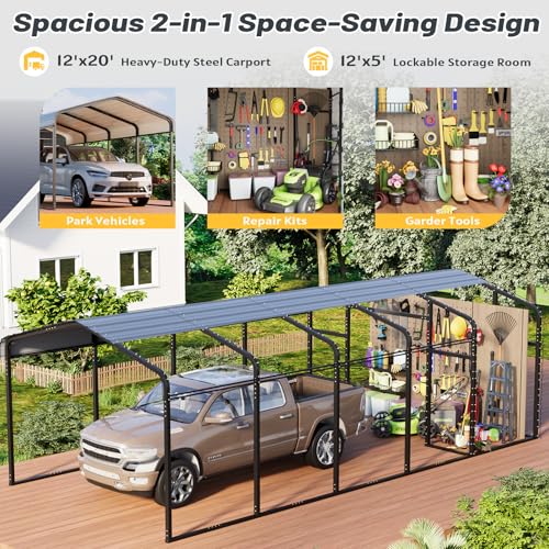 EROMMY 12x25 FT Carport Storage Shed 2-in-1, Heavy Duty Car Port with Galvanized Metal Frame, Base-Reinforced Enclosed Storage Shelter, Extended Coverage for Trucks, Cars & All Vehicles, Gray EROMMY