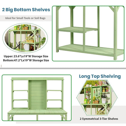 PZFYYRFP 64.6"" Large Outdoor Potting Bench Table, Wooden Garden Workstation with 6-Tier Storage Shelves, Large Metal Tabletop, and Side Hook for Mudroom, Backyard, Patio, Green (Green), White