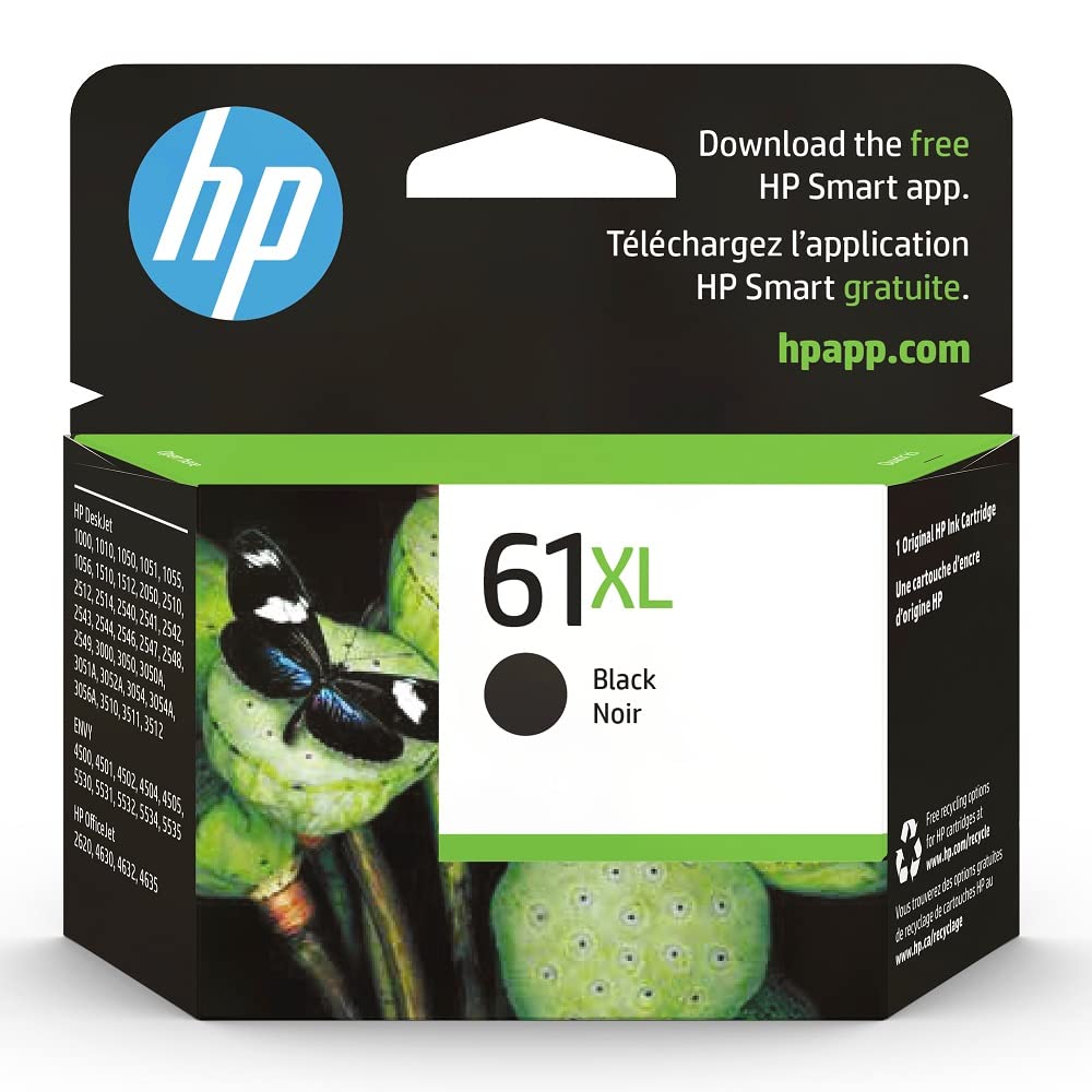 HP 61XL Black High-yield Ink | Works with DeskJet 1000, 1010, 1050, 1510, 2050, 2510, 2540, 3000, 3050, 3510; ENVY 4500, 5530; OfficeJet 2620, 4630 Series | Eligible for Instant Ink | CH563WN HP