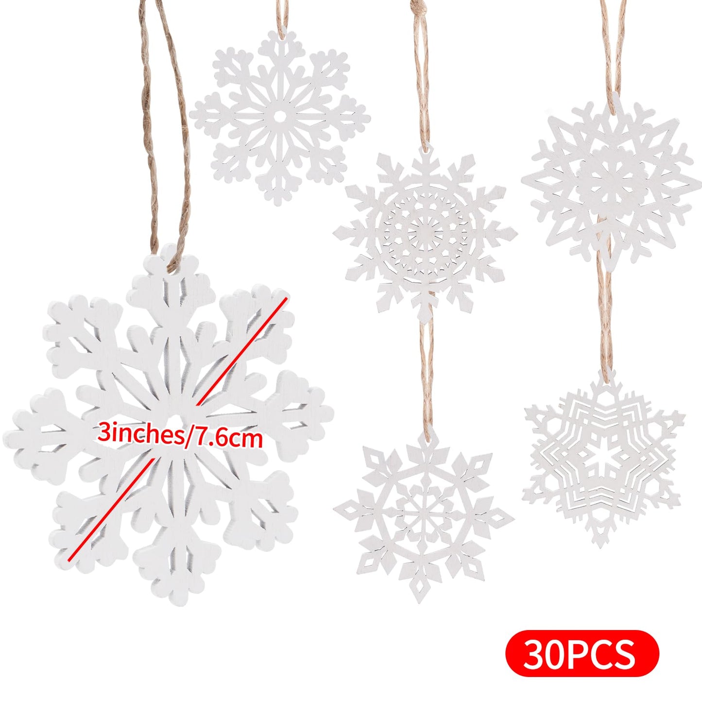 Bazayona 30pcs Wooden Snowflakes Ornaments Rustic Hanging Wood Christmas Tree Snowflake Ornaments Crafts Hollowed Embellishments for Christmas Holiday Decor, 3inch, White