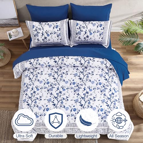 Dobuyly Floral Queen Comforter Set, 7 Piece Bed in a Bag Queen Size Blue Flowers on White Botanical Bedding Set, Soft Microfiber Bedding Comforter Sets with Sheets for All Season Dobuyly